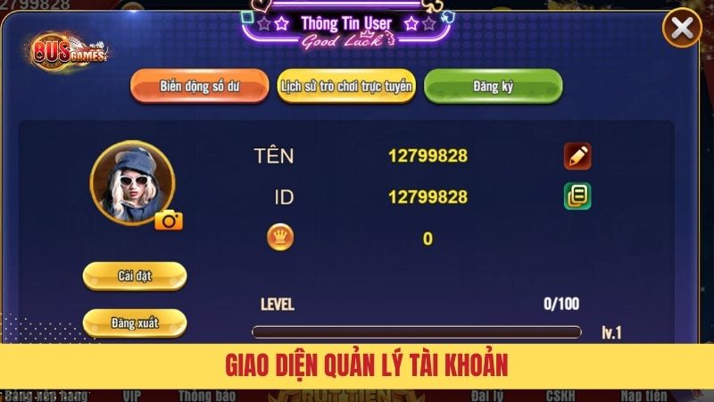 Giao diện trang quản lý account hệ thống 8US Games